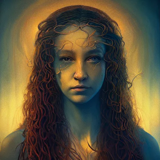 Image similar to Mythical petrifying Medusa portrait, atmospheric lighting, painted, intricate, volumetric lighting, beautiful, rich deep colors masterpiece, golden hour, sharp focus, ultra detailed, by Leesha Hannigan, Ross Tran, Thierry Doizon, Kai Carpenter,Ignacio Fernández Ríos