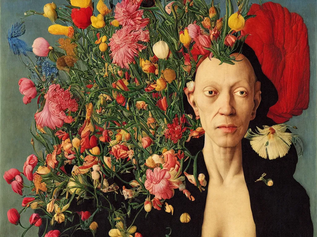 Image similar to Portrait of Meth addict with beautiful, exotic flowers. Painting by Jan van Eyck, Audubon, Maria Sybilla Merian, Rene Magritte, Agnes Pelton, Max Ernst, Walton Ford