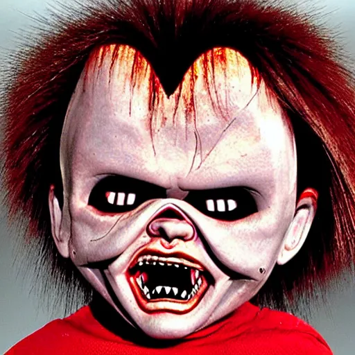 Image similar to Chucky doll, horror, creepy, distorted, evil, haunting, imploded