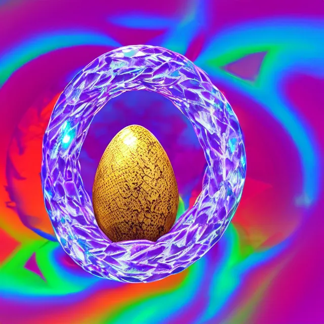 Image similar to a crystal egg breaking open with a great serpent rising out, occult aesthetics alchemy, award winning art, chromatic aberration polychromatic colors