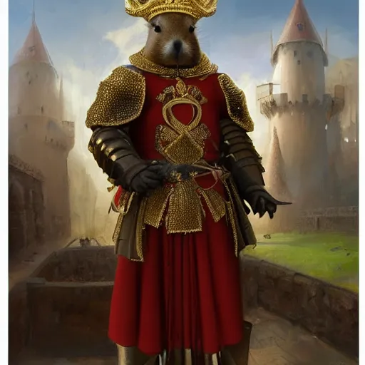 Image similar to detailed photorealistic painting of a capybara, wearing a detailed ornamented gold crown with diamonds, in a medieval knight armor with red cape, standing in front of a detailed castle, sharp focus in the style of ruan jia, Mandy jurgens, cinematic light, concept art, trending on artstation, ultra realistic