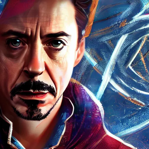 Image similar to Robert Downey Jr is Dr Strange, hyperdetailed, artstation, cgsociety, 8k