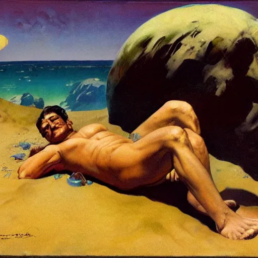 Image similar to a man laying on a Martian beach, frank frazetta