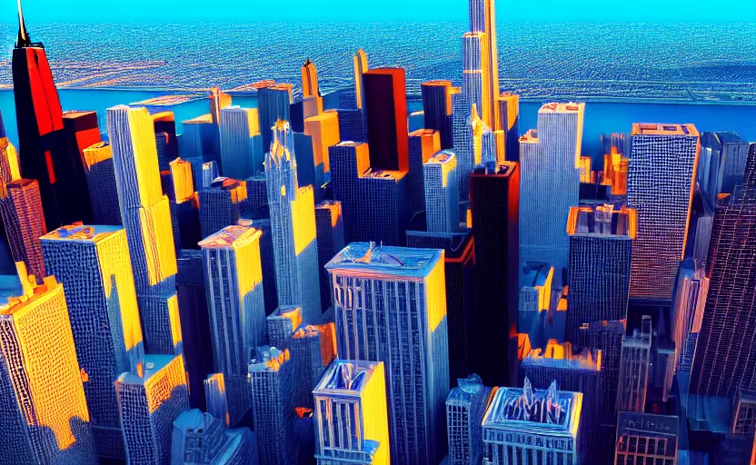 Prompt: chicago sears tower and surrounding buildings completely made of colorful translucent gelatin, jello, aerial photography, canon 1 - dx, prime lens, vibrant colors, shallow depth of field, tilt shift, dramatic lighting, smooth surfaces, photorealistic, unreal engine render, octane render, 8 k
