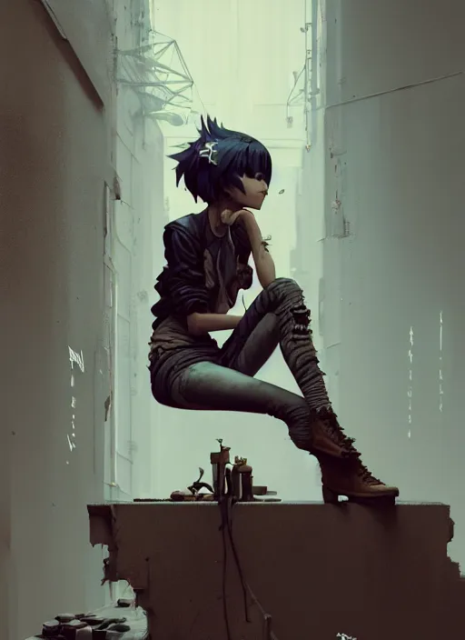 Image similar to highly detailed matte painting, of punk girl sitting on maximalist 3 d calligraphy graffiti tag light eroding grey walls, by atey ghailan, by greg rutkowski, by greg tocchini, by james gilleard, by joe fenton, by kaethe butcher, yellow, brown, black and cyan mystical color scheme, grunge aesthetic, octane render