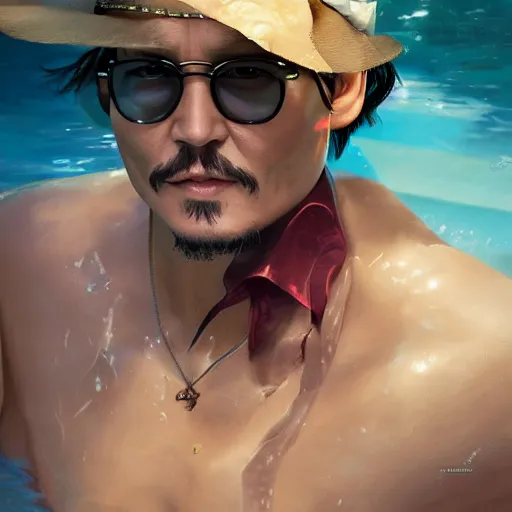 Image similar to johnny depp in a pool full of chip dip, ultra high detailed, oil painting, greg rutkowski, charlie bowater, yuumei, yanjun cheng, unreal 5, daz, hyperrealistic, octane render, rpg portrait, dynamic lighting