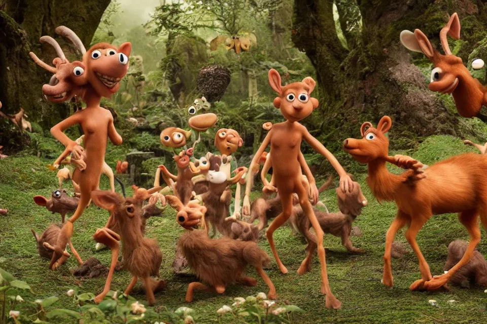 Image similar to realistic 8 k movie still, nymphs playing with fauns in wallace and gromit