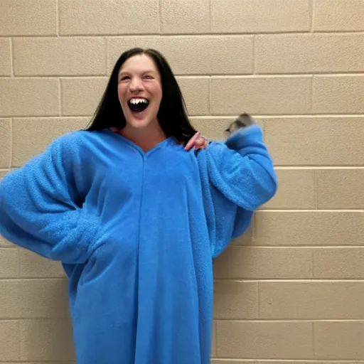 Image similar to Ghislane Maxwell wearing a blue Snuggie, sitting in a jail cell, she is laughing