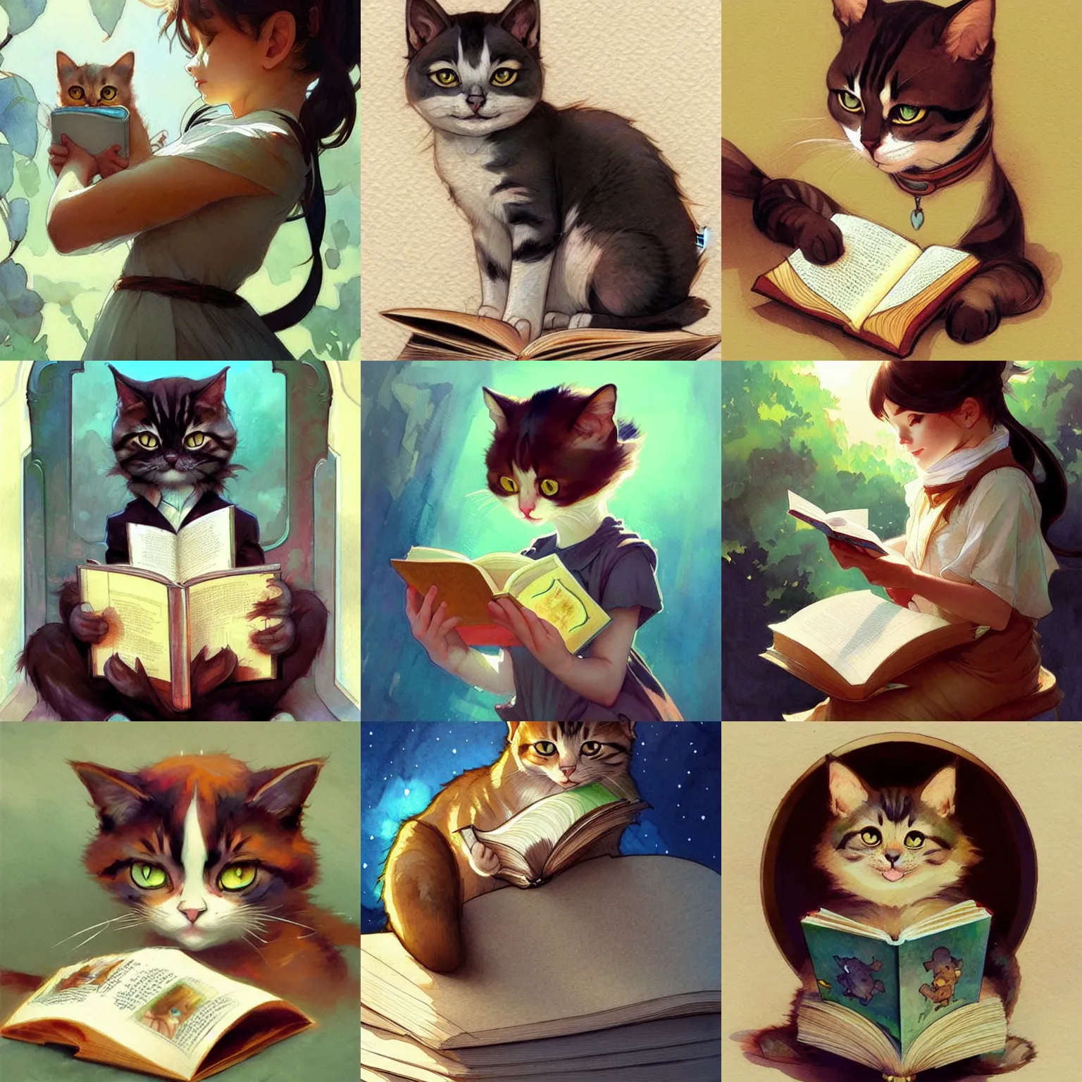 Prompt: extremely cute cat reading from a a children's book, water colors, highly detailed, artstation, concept art, matte, sharp focus, illustration, art by Artgerm and Greg Rutkowski and Alphonse Mucha
