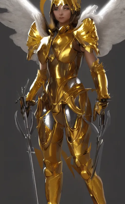 Image similar to Concept art, angel knight girl in golden and silver armor adorned with sapphire gems, artstation trending, octane render, cinematic, highly detailded