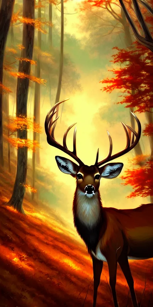 Prompt: deer with large antlers alone in the woods. warm colors, by nashimanga, anime illustration, anime key visual, beautiful anime - style digital painting by wlop, amazing wallpaper