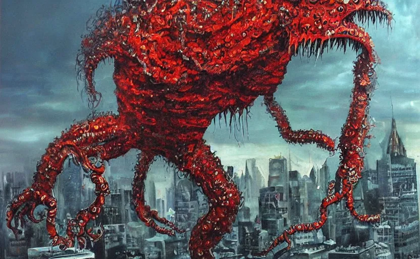 Image similar to an oil painting of atompunk red alert monster that consumes new york city in style of lovecraftian horror by simon bisley