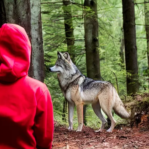 Prompt: in the forest, a timber wolf watches a blonde teenage girl wearing a red hoodie