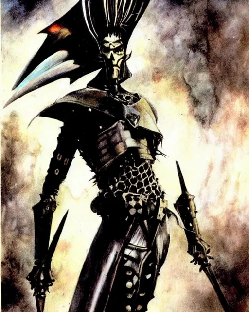 Image similar to portrait of an androgynous skinny bauhaus goth sorcerer wearing armor by simon bisley, john blance, frank frazetta, fantasy