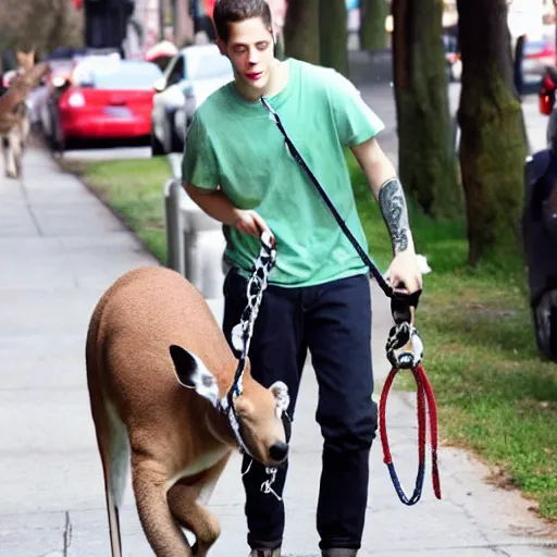 Image similar to Pete Davidson!!!, Walking a kangaroo on a leash, photo