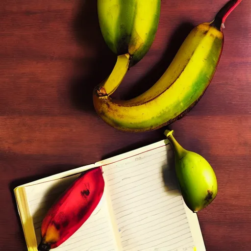 Image similar to photographic image of a red banana, on top of a yellow book, on top of a dining table, detailed, HD, cinematic