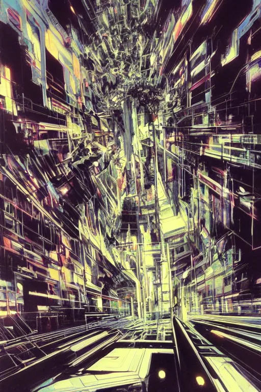 Image similar to wideangle exploding tensor fields, cybernetic, subway crowd, madness, decoherence, synthwave, glitch!!, fractured reality, vortex, realistic, hyperdetailed, concept art, art by syd mead, cubism