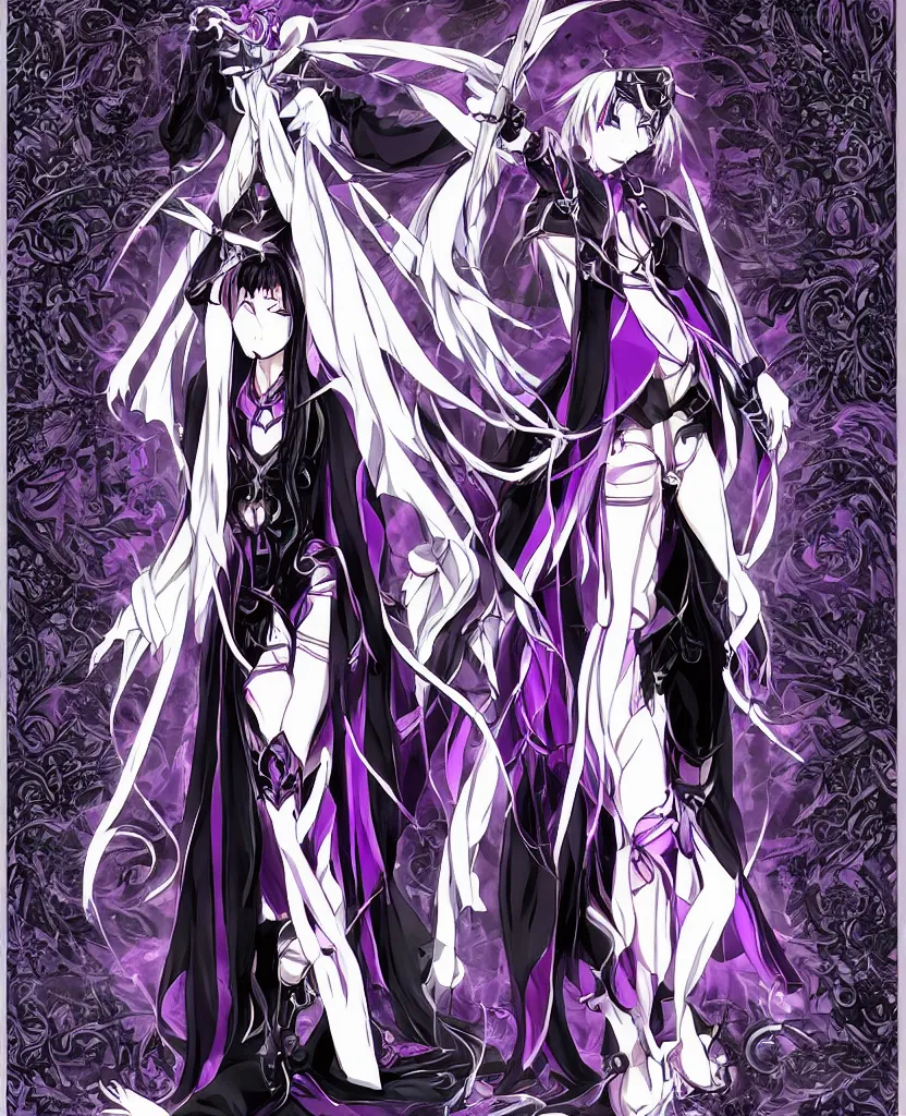 Image similar to an attractive anime female necromancer mage symmetrical, donned in black cloak with purple staff full body in frame