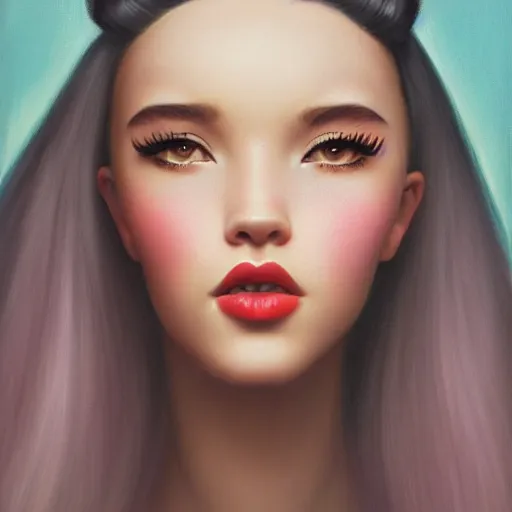 Image similar to tom bagshaw portrait, beautiful asian mix of dove cameron madison beer bella poarch in a full dress body, 1 9 5 0 pinup look, professionally retouched, focus eyes, ultra realistic soft painting, insanely detailed linework, symmetrical accurate intricate features, behance, 8 k