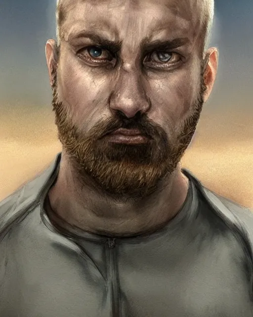 Image similar to portrait of muscular, tired and alcoholic 3 0 - year - old grieving man with short darkblonde hair, serious sad look in his eyes, looking down, dirty beard, blue eyes, crying tears, wearing dirty soldier uniform, on the desert, sad atmosphere, hyper realistic face, character art, art by artgerm, cryengine, trending on artstation, digital art