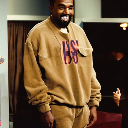 Prompt: Kanye West smiling and giving a thumbs up for a 1990s sitcom tv show, Studio Photograph, portrait C 12.0