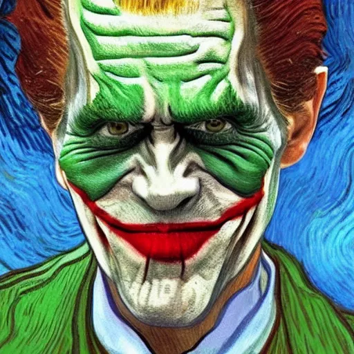 Prompt: Painting of Willem Dafoe as the Joker, by Vincent van Gogh