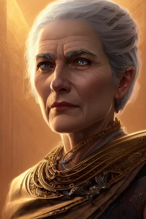 Image similar to portrait of a middle aged grey haired woman in the style of god of war, golden machine parts, intricate, elegant, highly detailed, digital painting, artstation, concept art, smooth, sharp focus, illustration, art by artgerm and greg rutkowski and alphonse mucha, 8 k