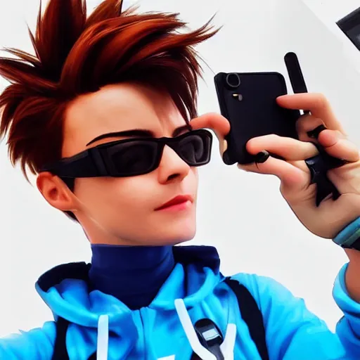 Image similar to tracer from overwatch smartphone selfie