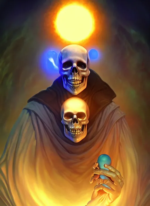 Image similar to lunatic fantasy necromancer with a skull face holding a glowing blue orb natural lighting, path traced, highly detailed, high quality, digital painting, by don bluth and ross tran and studio ghibli and alphonse mucha, artgerm
