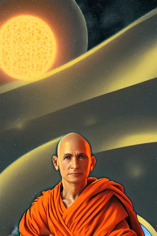 Prompt: portrait of a monk in a spaceship, round window, exploding planet, orange robe, dramatic lighting, artstation, matte painting, ralph mcquarrie