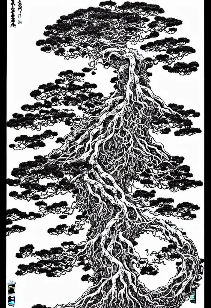 Image similar to prompt: white Bonsai tree roots holding and merging into big moon drawn by Takato Yamamoto, Japanese woodblock print style, white moon and black background, clean ink detailed line drawing, intricate detail, manga 1990