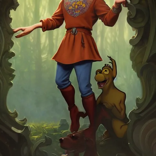 Image similar to fred from scooby - doo ( 1 9 6 9 ), d & d, fantasy, intricate, elegant, highly detailed, digital painting, artstation, concept art, matte, sharp focus, illustration, hearthstone, art by artgerm and greg rutkowski and alphonse mucha