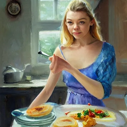 Image similar to Natalie Dormer making breakfast for her husband painting by Vladimir Volegov