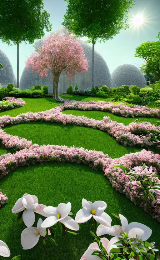 Prompt: highly detailed villa garden natural beautiful light interior soft cinematic composition of a biophilic granite nebula fluid white magnolias surreal scifi architecture landscape, furniture, trees, grass, bed of flowers, water, vincent callebaut composition, 8 k, unreal engine, hdr