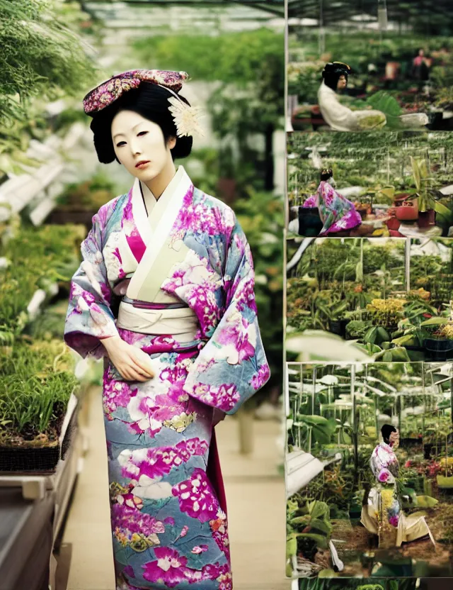 Prompt: fashion photograph of a beautiful Japanese woman wearing a traditional kimono in an orchid greenhouse, by Annie Leibowitz, extremely detailed, large format camera, Fuji Provia film, 85mm lens, bokeh, bokeh, blurred background, photorealistic, trending on instagram, trending on artstation