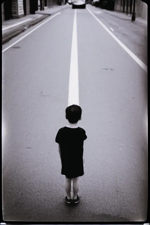 Image similar to photo polaroid of sad and lonely child in the middle of an empty street in a big city, photorealistic, 35mm film, black and white, polaroid,