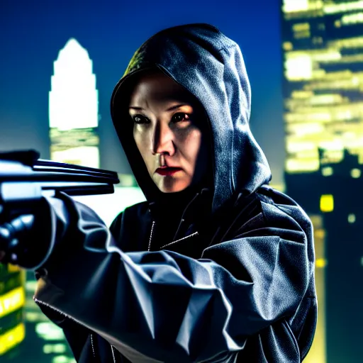 Image similar to photographic portrait of a techwear woman holding a shotgun, holding shotgun down, closeup, on the rooftop of a futuristic city at night, sigma 85mm f/1.4, 4k, depth of field, high resolution, full color, award winning photography, Kill Bill, John Wick, Die Hard, movies with guns, movie firearms