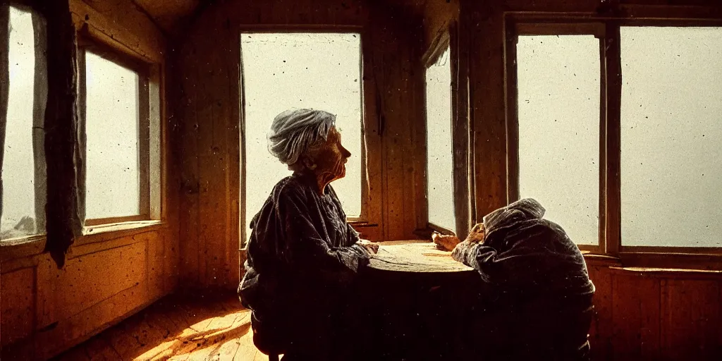 Prompt: portrait bust of old woman sitting at table, looking outside, tired expression, faded color film, russian cinema, tarkovsky, kodachrome, inside old cabin, next to window, heavy forest outside, long brown hair, old clothing, heavy fog, brown color palette, sunset, low light, hudson river school, 4 k, dramatic lighting, greg rutkowski