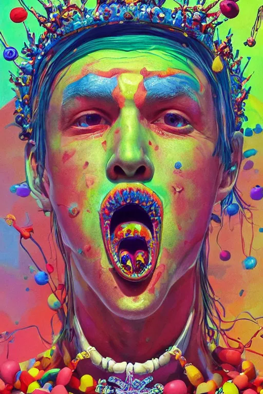 Prompt: a colorful vibrant closeup portrait of a fashion model licking a tab of lsd acid on his tongue, slicked back hair, beads and jewles hanging from a crown, and dreaming psychedelic hallucinations, by moebius, edward hopper and james gilleard, zdzislaw beksinski, steven outram colorful flat surreal design, hd, 8 k, artstation