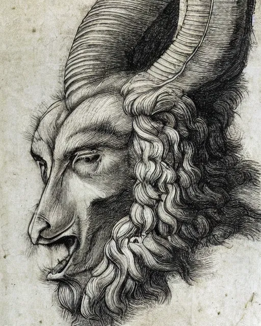 Prompt: a creature with four faces in one, human eyes, eagle beak, lion mane, two horns on the head, drawn by da vinci. symmetrical