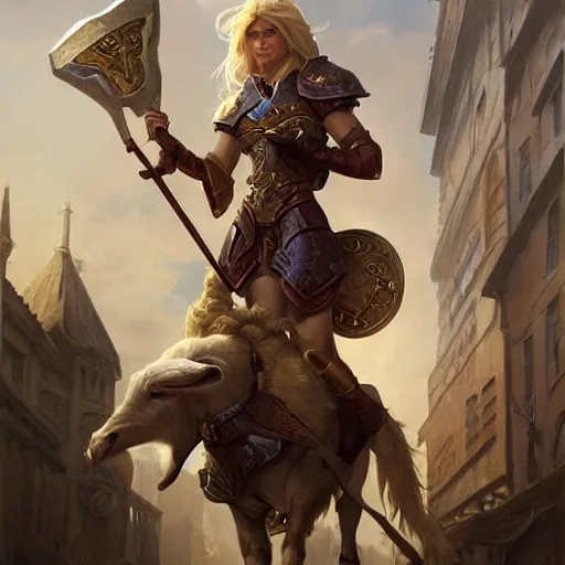 Image similar to a blonde paladin woman holding her shield up fighting a giant goat on the streets of a fantasy town, d & d, fantasy, highly detailed, digital painting, artstation, concept art, character art, art by greg rutkowski and tyler jacobson and alphonse mucha