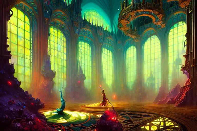 Prompt: the enchanted illuminated sleek and modern inner throne room of the massive fantasy castle, vivid intricate vibrant elaborate pastel inks, background landscape environment illustration, brad rigney willian murai ilya repin dragan bibin pete mohrbacher, raymond swanlandy stephan matiniere.