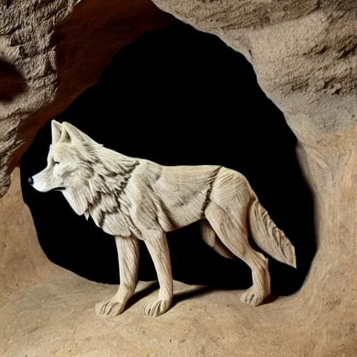 Prompt: wolf carved in a cave by a prehistorical human, old