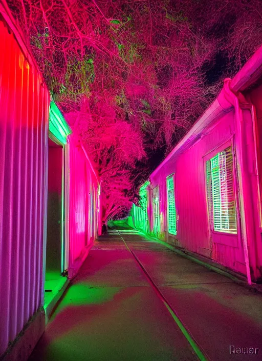 Image similar to Neon night, red lights of the car motion blur, oak alley