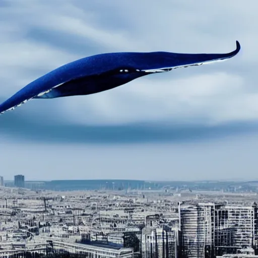 Prompt: Blue Whale flying through sky with a city built on it's back, clouds beneath it