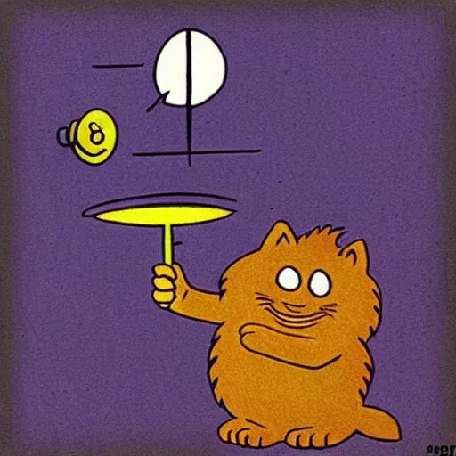 Image similar to “Garfield the cat is in a far side Gary Larson cartoon, comic strip cartoon style, 80s, humorous. ”