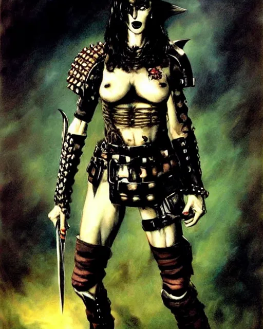 Image similar to portrait of a skinny punk goth soldier wearing armor by simon bisley, john blance, frank frazetta, fantasy, barbarian