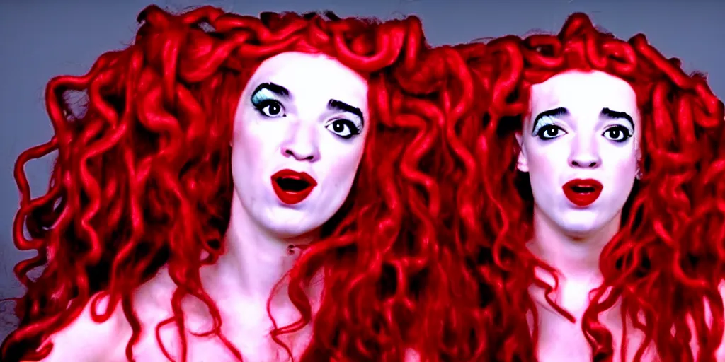 Image similar to camcorder video of young woman as medusa as miranda sings, multiple poses, 6 4 0 x 4 8 0 low resolution video