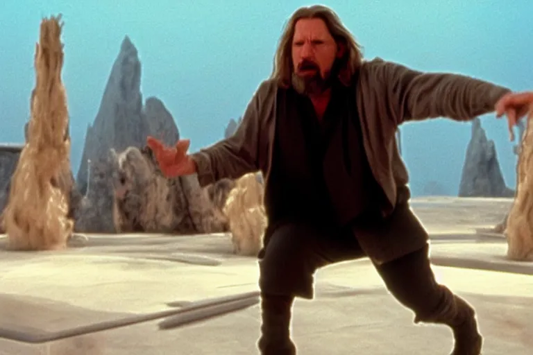 Prompt: A movie shot from Star Wars, The Dude from The Big Lebowski using the force on bowling balls making them levitate above the ground, on Degobah