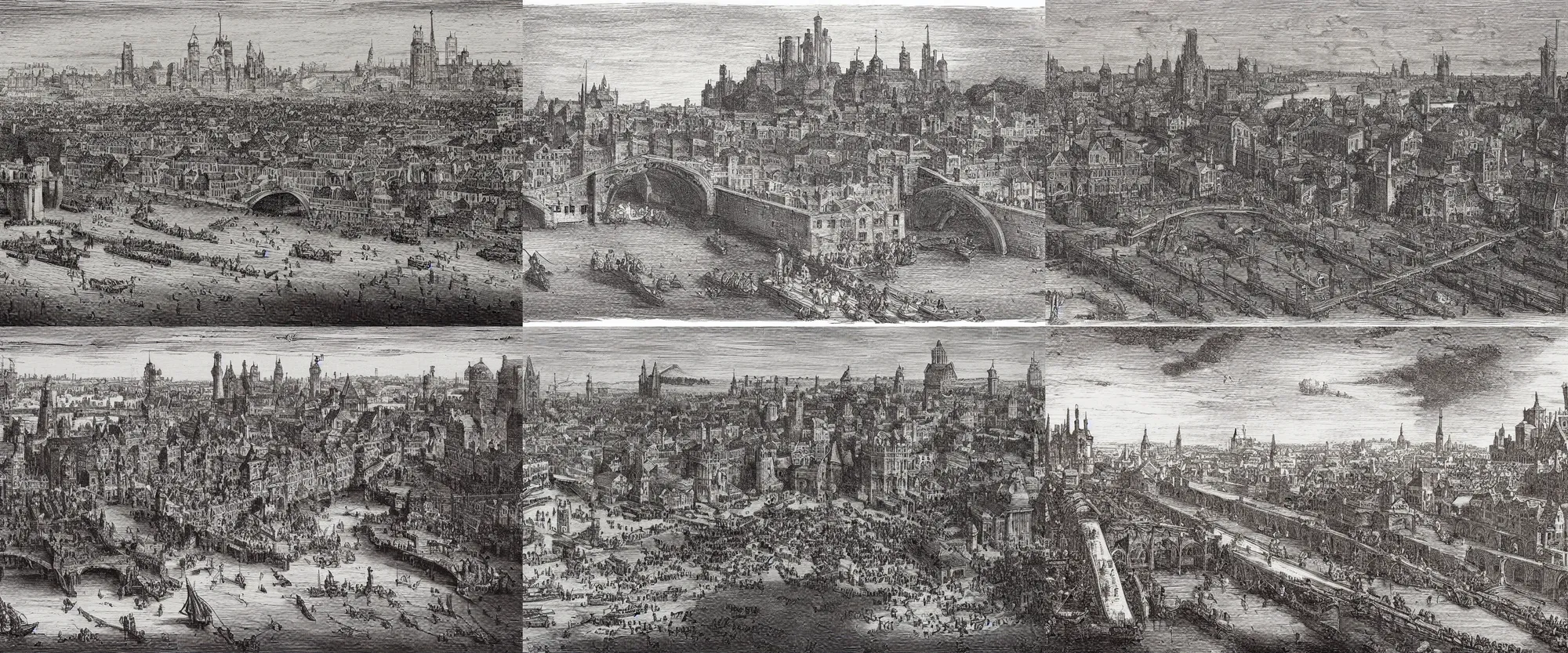 Prompt: an engraving of elizabethan london bridge over the river thames by gustave dore, albrecht durer, storybook illustration, highly detailed, lithograph engraving